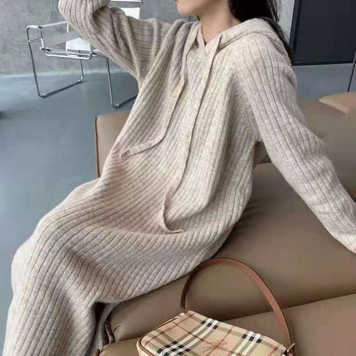 시연 가을 겨울 루즈 후드 니트 롱원피스 긴팔