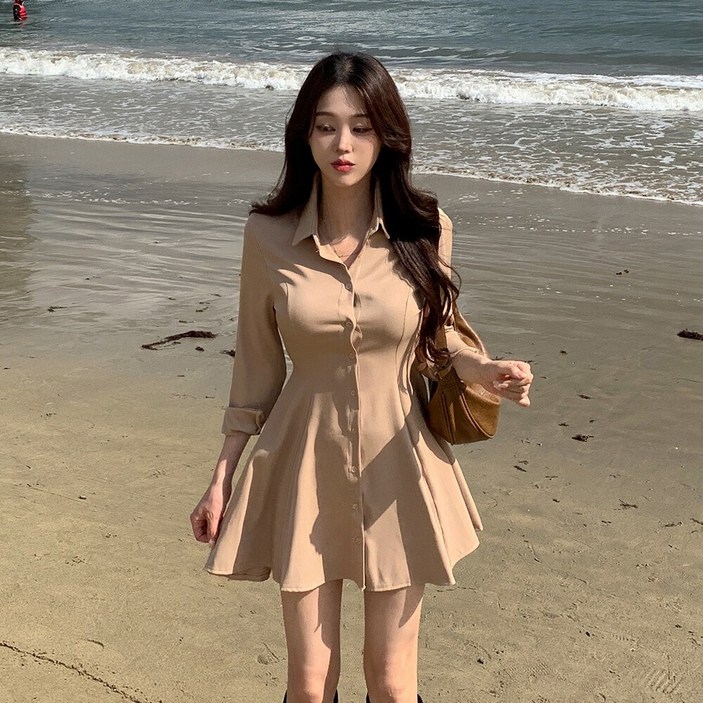 워너비뮤즈 /  MADE  뒷리본 플레어 긴팔 반팔 셔츠 미니 원피스