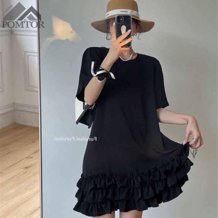 POMTOR 여성 반팔 루즈핏 미니 프릴 티셔츠 원피스(L-4XL)