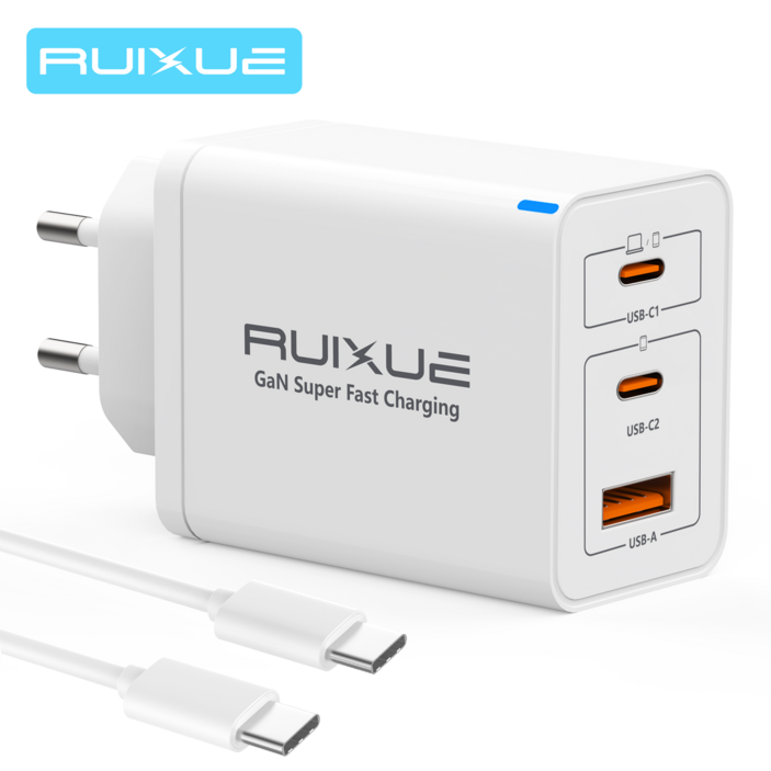 RUIXUE 65W 3포트 GaN C 타입 고속 충전기 호환 애플 아이폰 16 15 삼성 S24 S25 A15 맥북 노트북 아이패드 프로 에어 미니 1m C to C 게이블, 1개, 65W,화이트
