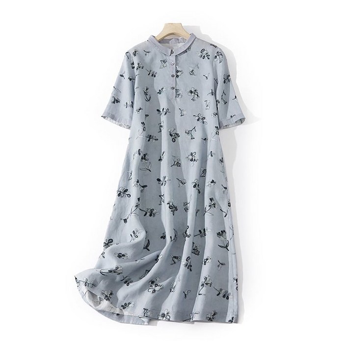 IWMAFT 여성 여름 린넨 반팔 원피스 플라워 자수 여유핏 반오픈 버튼 편안한 원피스 KT219