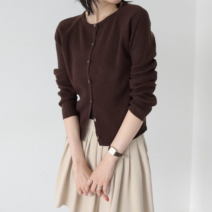 제니트 부드러운 신축성 좋은 편안한 착용감 여성 골지 가디건 니트 긴팔 라운드넥 나그랑 래글런