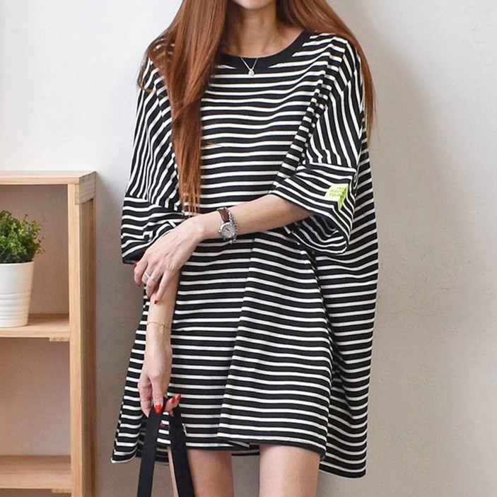 마이제이컴퍼니 박시한 오버핏 스트라이프 반팔 티셔츠