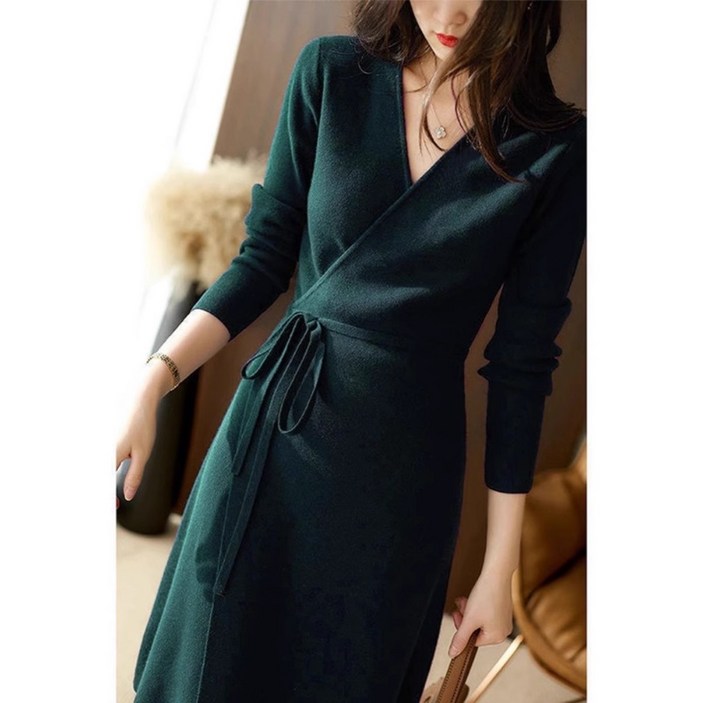 POMTOR  여성 고급스러운 빈티지 빅사이즈 허리끈 언발 니트 미디 원피스