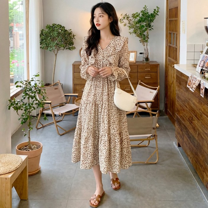 에올브 여성 빅사이즈 플라워 쉬폰 브이넥 긴소매 롱원피스 봄가을 캐주얼