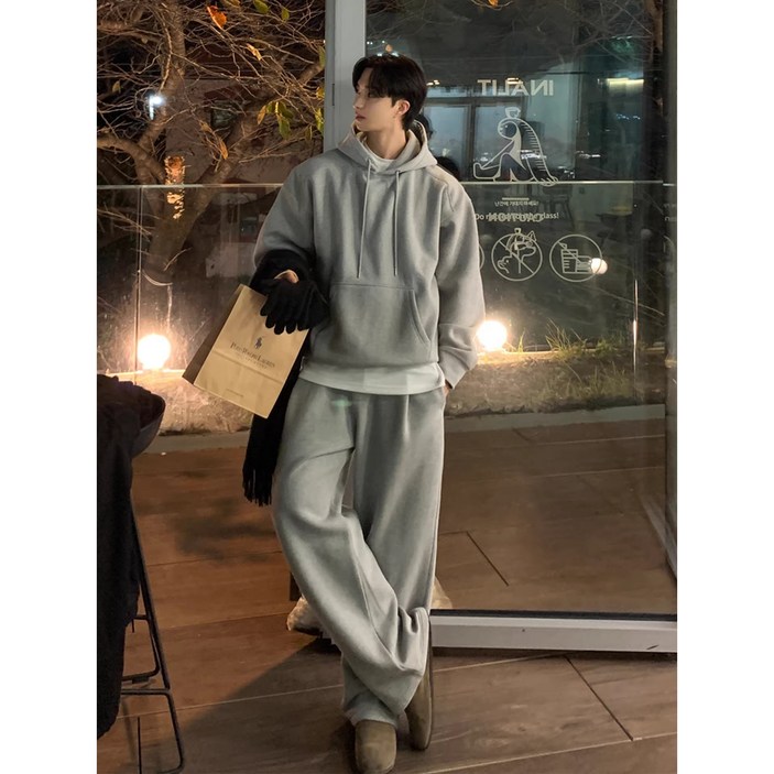 ANYOU 남성 무지 후드티 세트 상하의 세트 오버핏 맨투맨 + 와이드팬츠 캐주얼 데일리 맨투맨