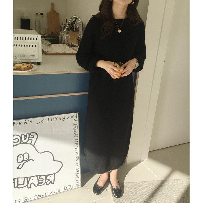 루어스룸 플레인 루즈핏 라운드넥 하객룩 임부복 긴팔 빅사이즈 니트 롱 원피스