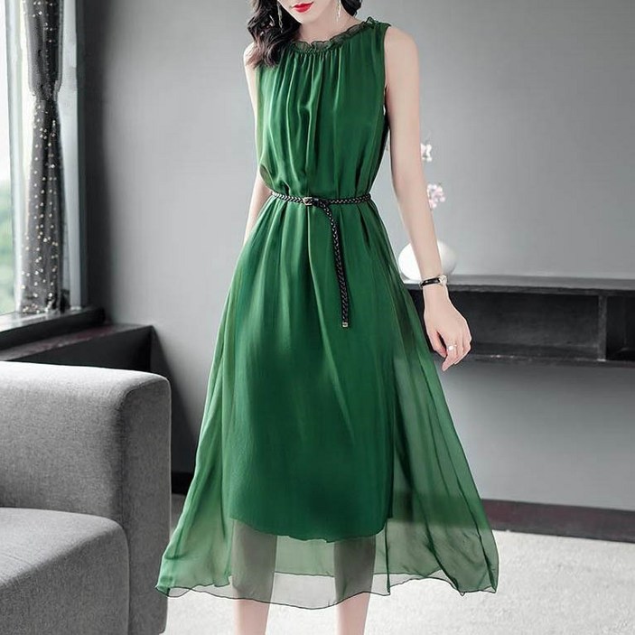 여름 시원한 쉬폰 민소매 원피스 소피트 미디 원피스 허리 조임 쿨원단 가벼운 원피스