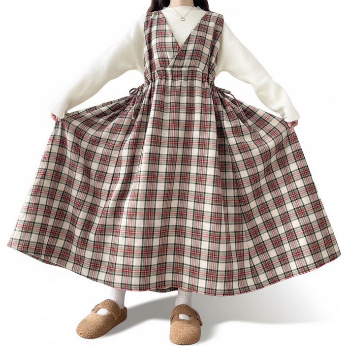 55-120 빅사이즈 가을 겨울 타탄 체크 뷔스티에 롱원피스 스트링 조절