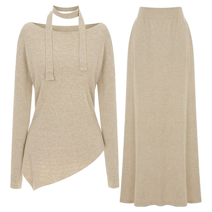 카울넥 벨티드 니트  스커트 세트 P5CSE015C