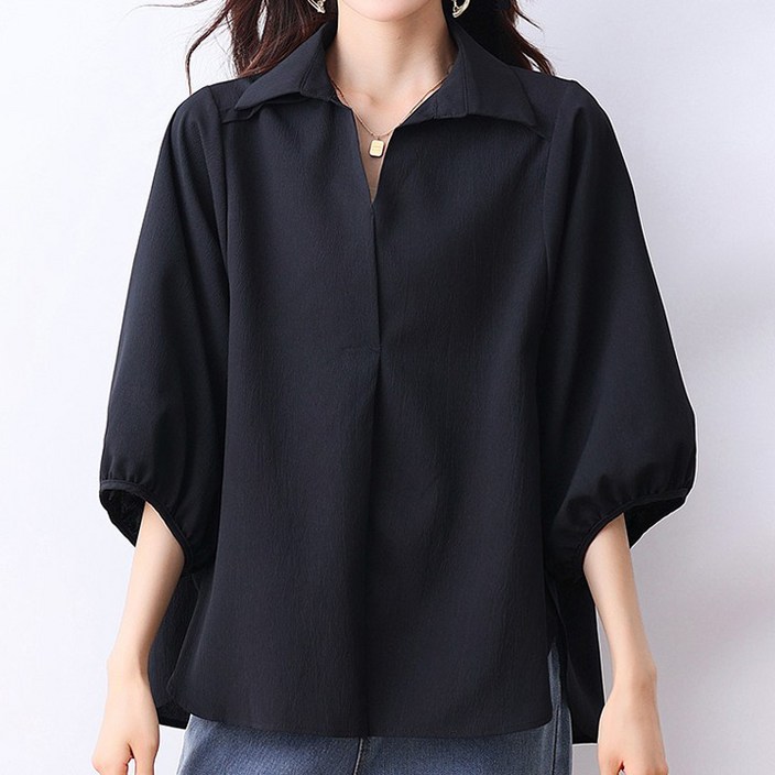 퀸이즈 여성용 노버튼 오픈 카라넥 오버핏 블라우스