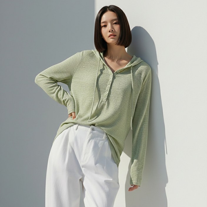 메이첼 멜란지 솔리드 롱 슬리브 후드 티셔츠 12465