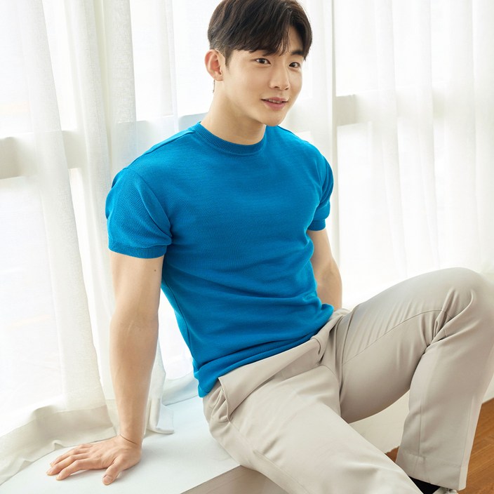 핵쿨남 남성용 아이스 쿨링 머슬핏 반팔 라운드 니트 티셔츠