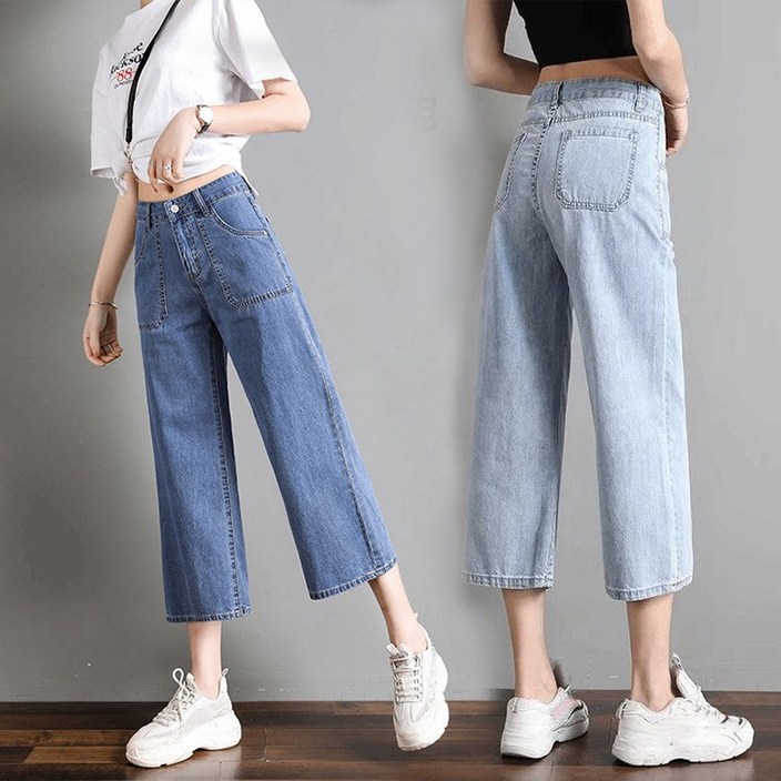 빅사이즈 와이드 데님 팬츠 루즈핏 심플 8부바지 일자핏 키작녀 캐주얼 베이직 청바지 여성 팬츠