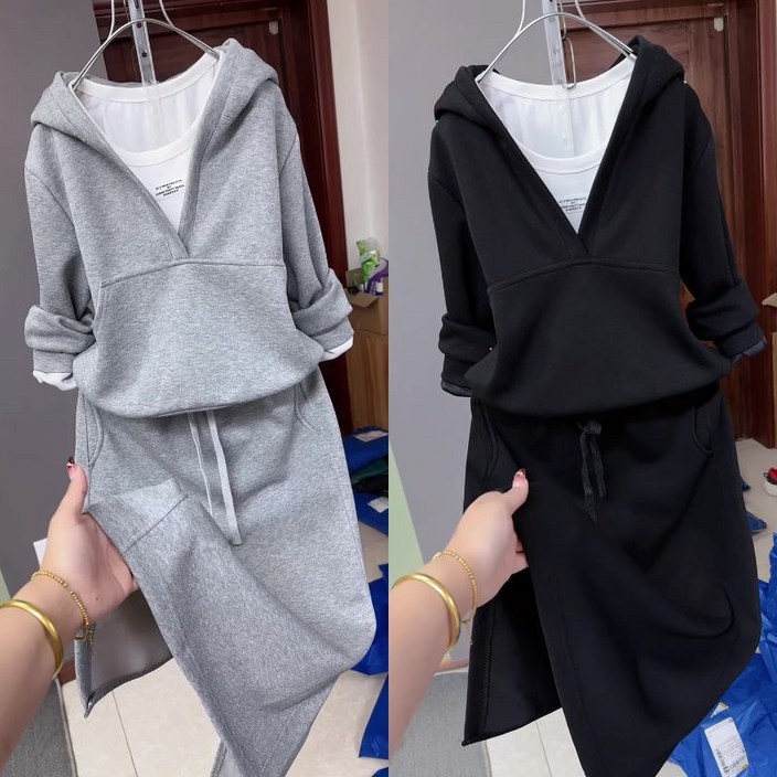 여성 후드 츄리닝 셋업 루즈핏 무지 브이넥 후드티 나시 미디스커트 3피스세트