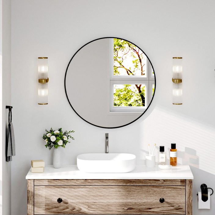 USHOWER 블랙 원형 욕실 거울 61cm 벽걸이 화장대 메탈 프레임 모던 인테리어