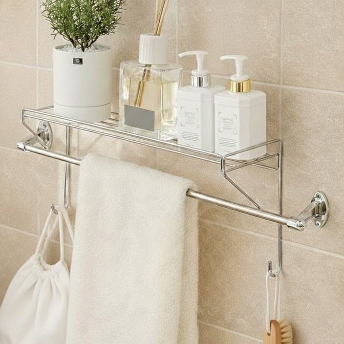 피니시웰 304 스텐 욕실 선반 걸이식 무타공 수건걸이 선반 거치대