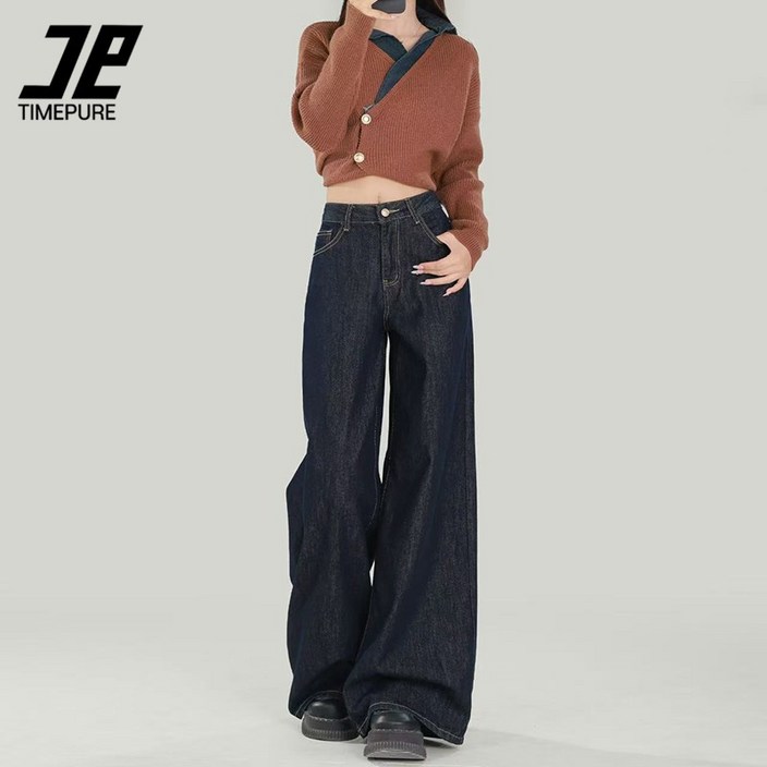 타임퓨어 면 여성용 가을 신상 청바지 하이웨이스트 와이드 레그 루즈핏 드레이프 핏 플레어 롱 팬츠 모노톤 청바지