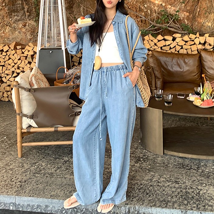 네모엔룩 찰랑핏텐셀 여성용 시원한 쿨 데님 카라넥 단추 셔츠 와이드 밴딩 팬츠 셋업 청 투피스