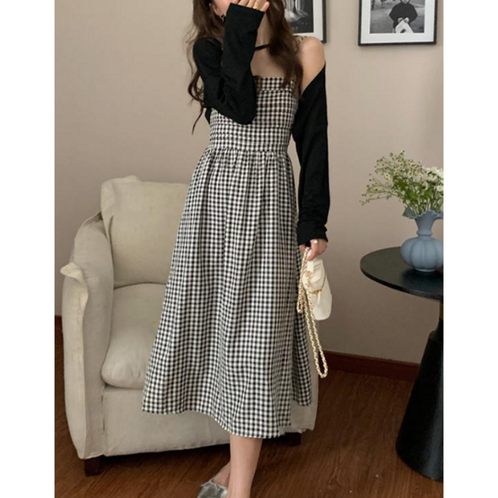 볼레로 나시 체크 롱원피스 투피스세트(one color, one size)