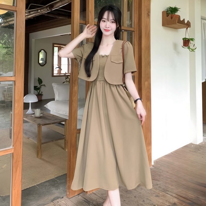 여름 트위드 투피스 세트 루즈핏 여성 반팔가디건 스판 끈나시 롱원피스 투피스 세트