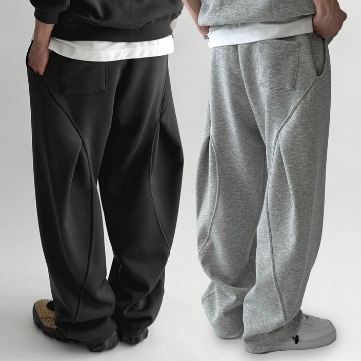 2장묶음 빠델 백 커브 절개 핀턱 벌룬 와이드 트레이닝 스웻 커브드 팬츠 회색 트레이닝팬츠
