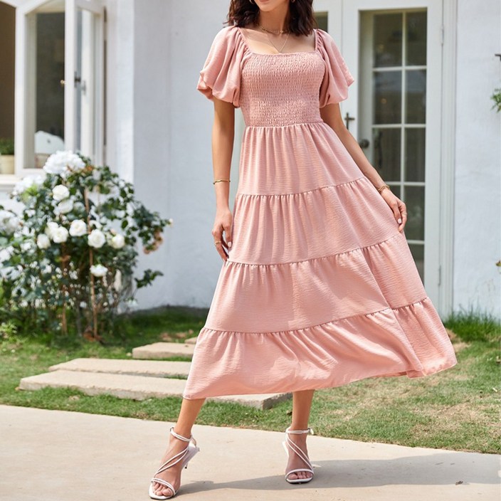 UPPERCUT 여성 스퀘어넥 스모크 밴딩 퍼프 소매 캉캉 롱 원피스