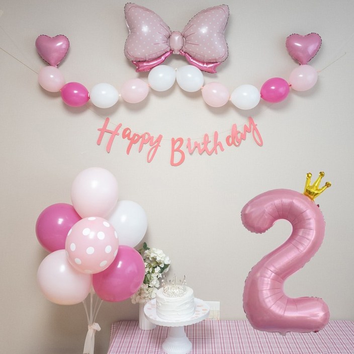 연지마켓 생일풍선 생일파티용품 리본풍선 숫자세트, 핑크리본 핑크세트 2