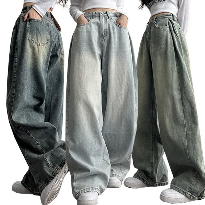 여성 기장수선NO![숏,롱/S~XL] 힙무드 벌룬핏 사이드 절개라인 와이드핏 워싱 데님팬츠 세미와이드 청바지 5color 67번