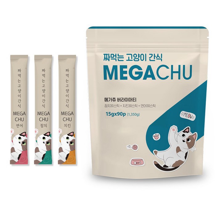 메가츄 짜먹는 츄르 고양이간식 90스틱 대용량, 2개, 연어치킨참치, 15g, 180p