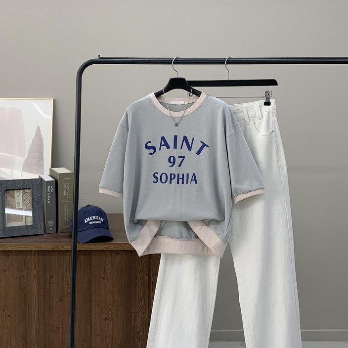 세인트 배색 레터링 루즈핏 반팔 맨투맨 티셔츠