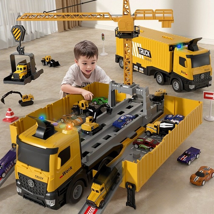 토요요 대형 변신 타워크레인 트럭 다기능 슈팅트랙 레이싱 장난감 미니카 주차장 놀이 수납 세트
