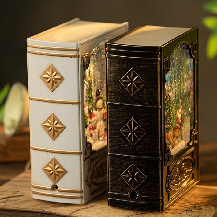 5시건 당일출고 11 크리스마스 빈티지 책 LED 눈 내리는 워터볼 오르골 무드등, 화이트눈사람화이트눈사람