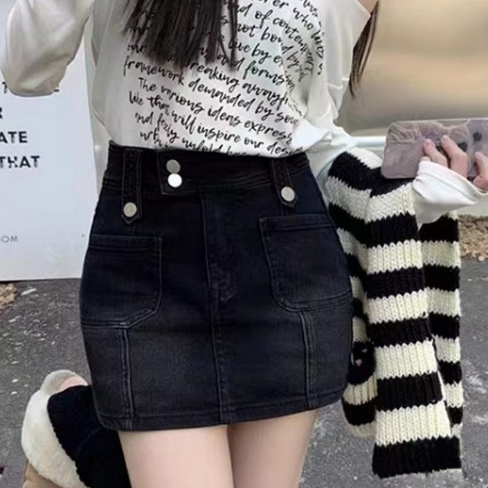 시크힐즈 럭셔리 숏 데님 슬림핏 더블버튼 스커트 00125