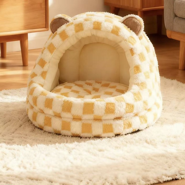 허니버블 반려동물 곰돌이 동굴 체크무늬 하우스 방석