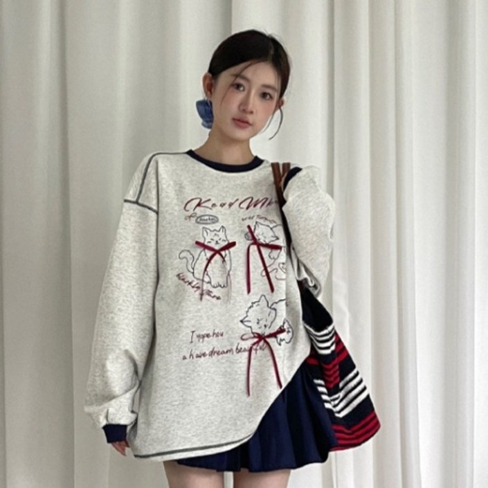 피어니스트 레드리본 고양이 스티치 맨투맨