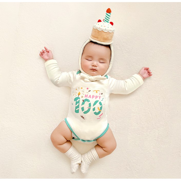 ikii 유아용 100일 기념 바디수트 긴팔  케이크 모자  기프트 박스  쇼핑백 세트