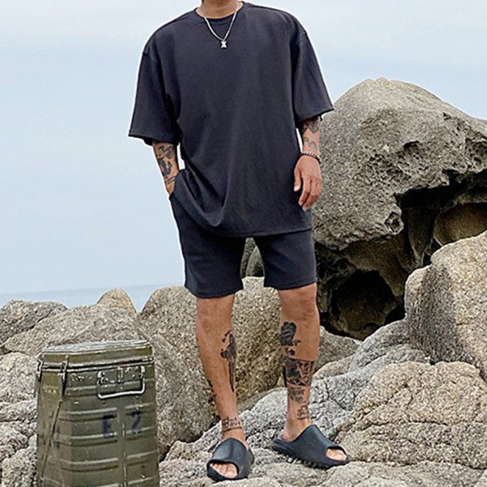 파이브라지 남성용 빅사이즈 오버핏 코지 반팔  반바지 트레이닝 세트