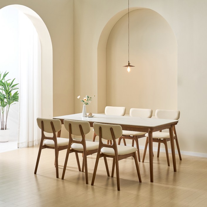 루시드퍼니처 라미 6인용 포세린 세라믹 원목 식탁세트 방문설치, 유광베이지  월넛, 일반의자 6