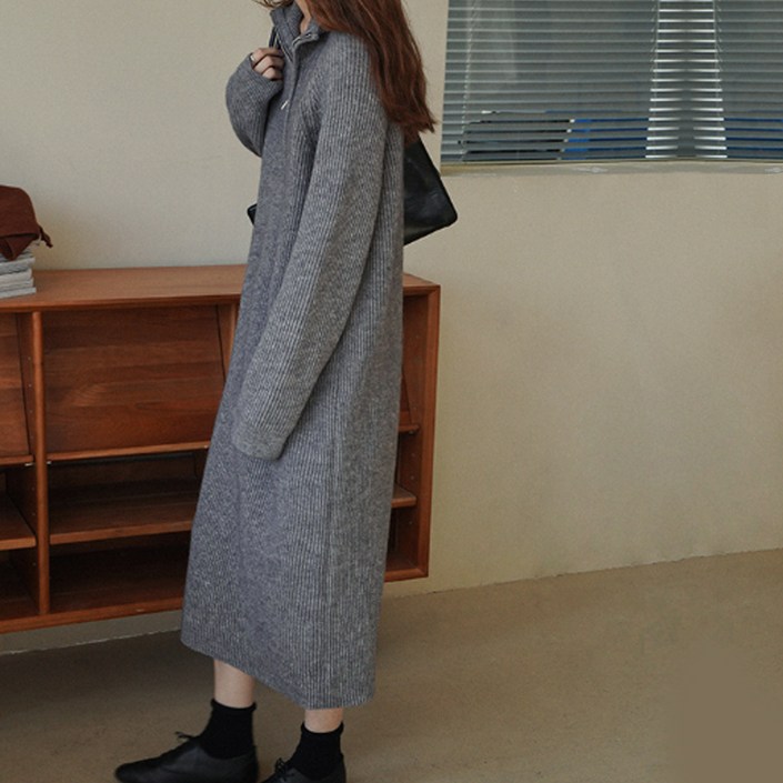 더시럽 여성용 해니 반지퍼 니트 스웨터 롱 원피스 B