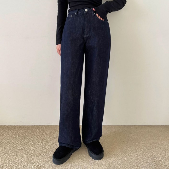 플랜데이 여성용 롱숏 기장 피치 기모 티로 논페이드 생지 와이드 데님팬츠