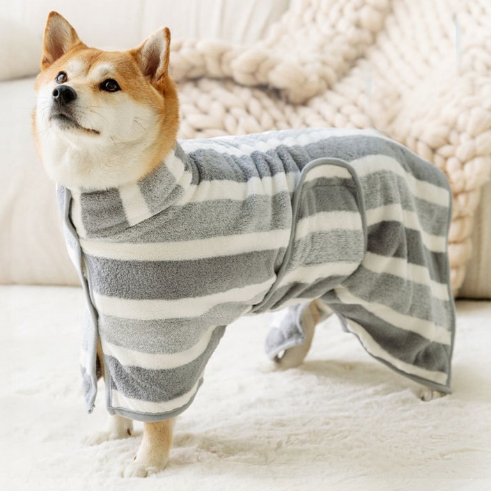 MAAH 강아지 중형 대형 스트라이프 샤워가운, 그레이, 1개