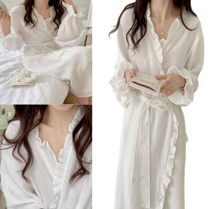 여성 프릴 골프 라운딩 샤워가운 얇은 로브 목욕가운 화이트