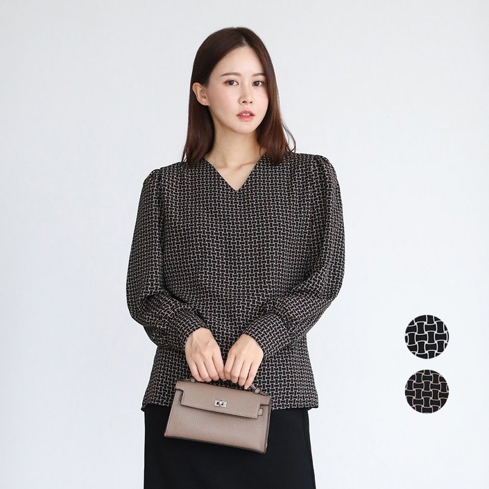 프롬코 자체제작 곡선사각 울피치 긴팔 브이넥 블라우스 FRC119