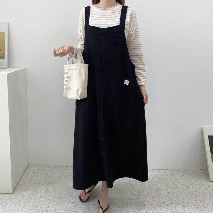 빅걸스토리 빅사이즈 여성용 리버플 패치 포켓 멜빵 끈 롱원피스