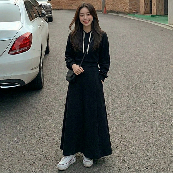 데일로엔 여성 스트링 후드 롱 원피스 세트