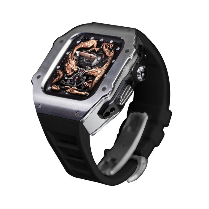 애차드밀 스틸 메탈 케이스 불소 고무 스트랩 밴드 호환 애플워치 울트라2 49 mm 시리즈 9 8 7 45 mmSE 시리즈 6 5 4 44mm, 실버블랙