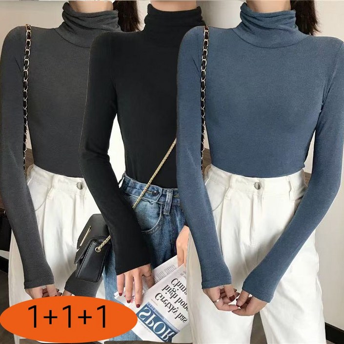 111 3장입 세트 단색 하이넥 기본 티셔츠 여성용 오토멘 이너웨어 슬림핏 긴팔 레이어링 베이직 티