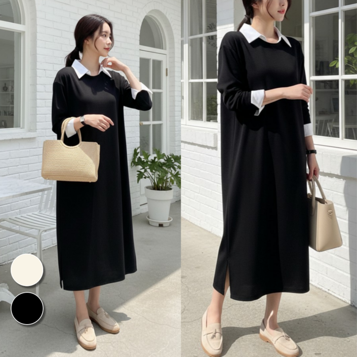 핏몬 여성 루즈핏 셔츠 카라넥 스판 롱 원피스