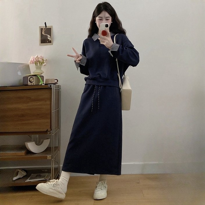 wassup 여성 가을 옷 세트 투피스  루즈핏 맨투맨롱스커트  캐주얼 페이크 레이어드